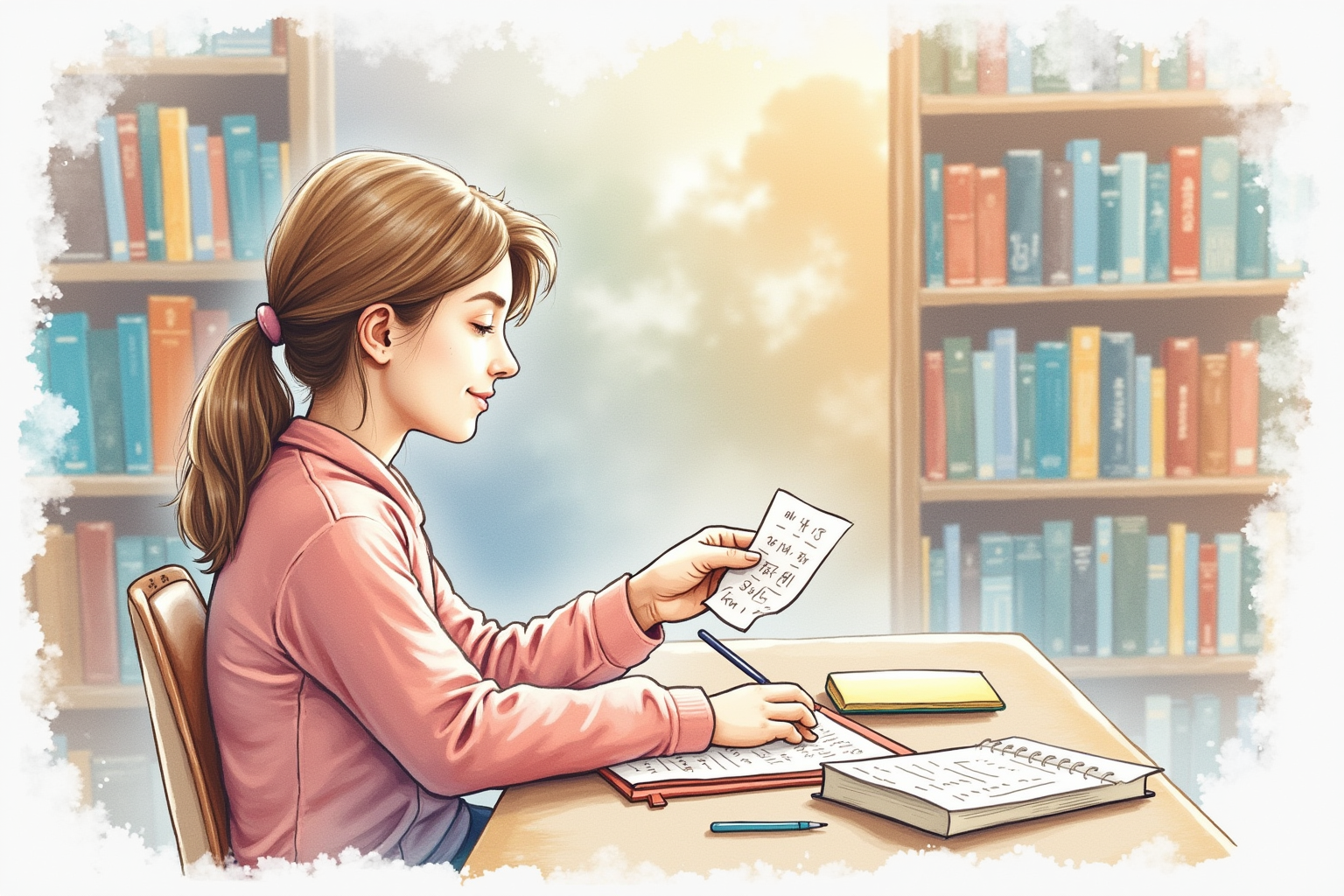 Student using flashcards before exam in library