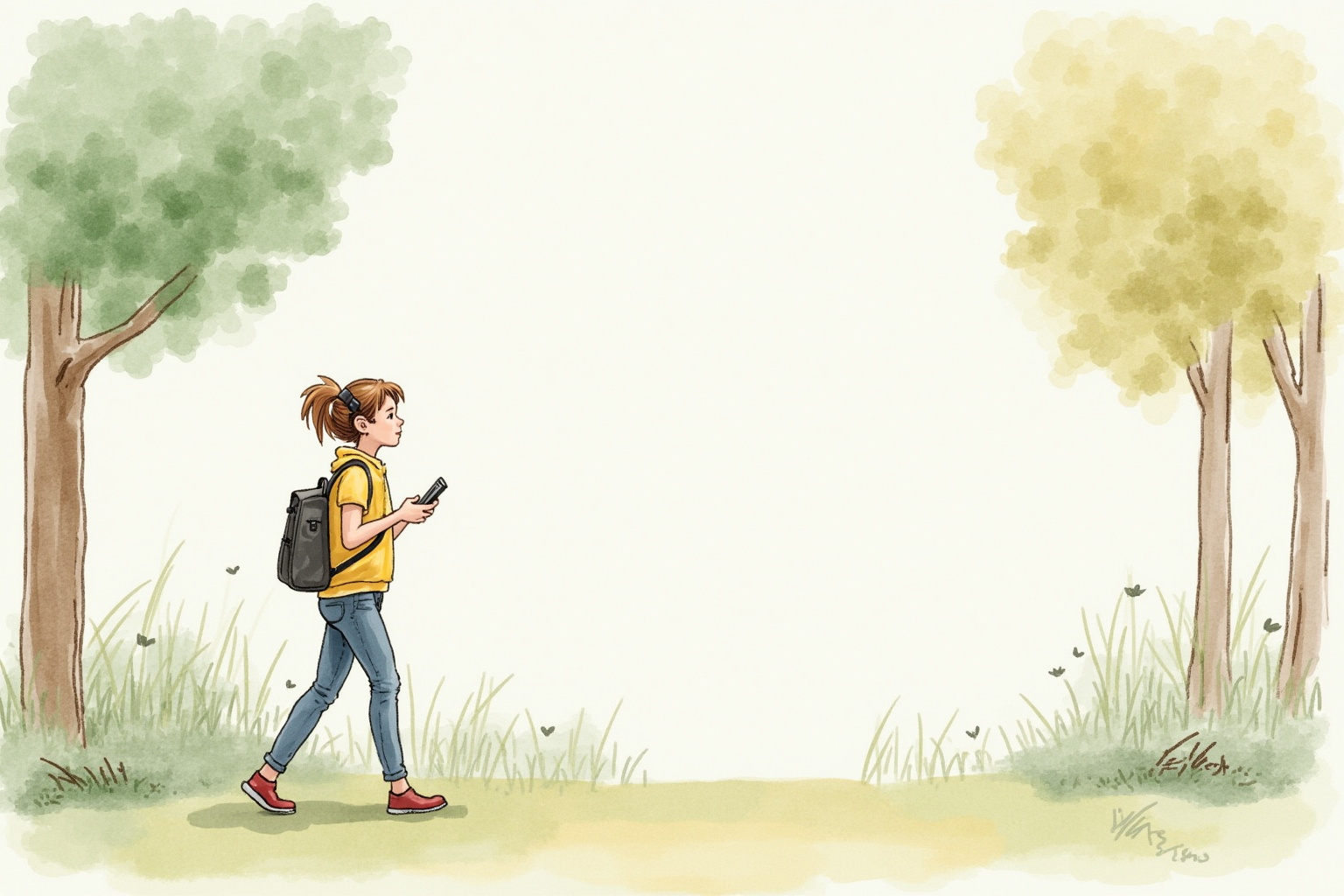 Person listening to language audio lesson while walking