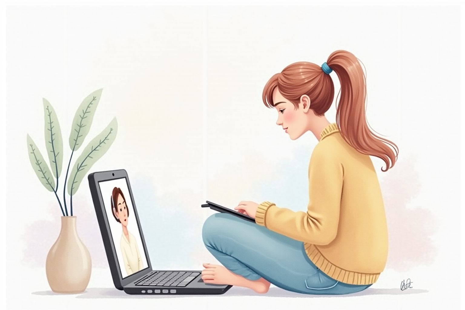 Video call language tutoring session on laptop