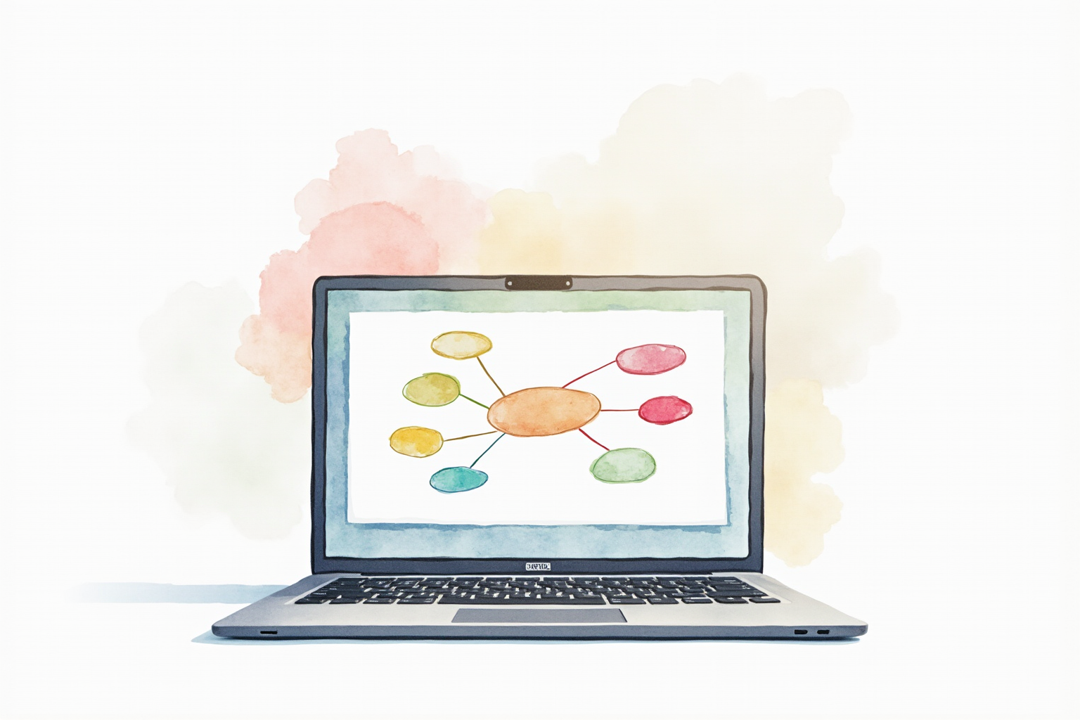 Laptop displaying digital mind map with connected nodes