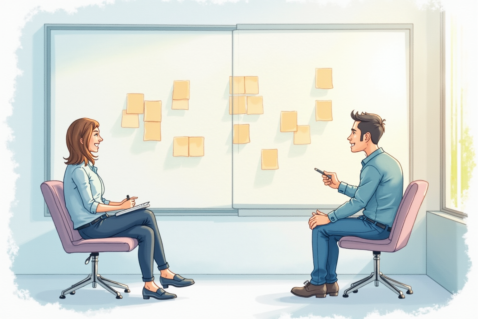 Team brainstorming session with sticky notes on glass wall