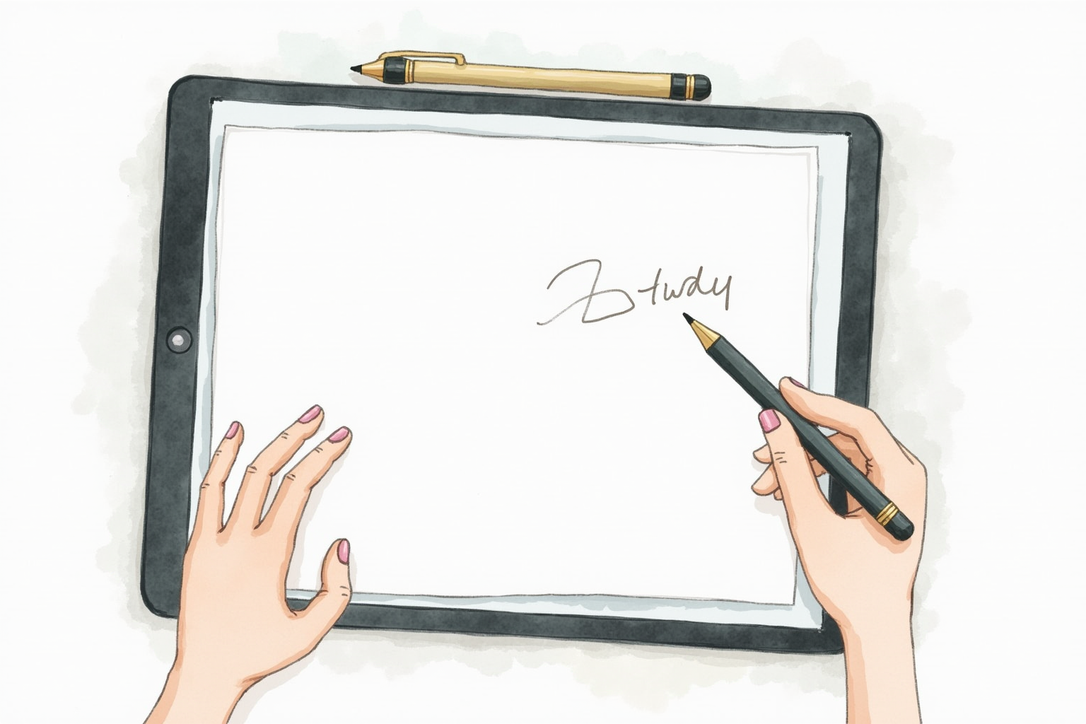 Tablet with stylus showing handwritten notes in study app