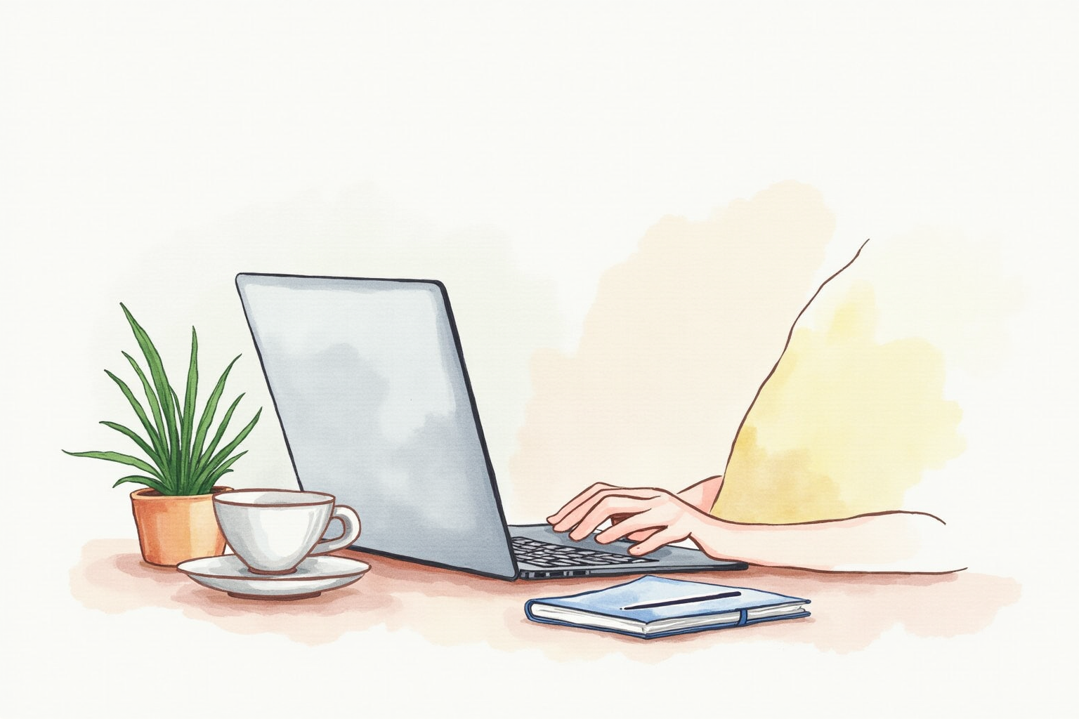 Person typing notes on laptop with coffee cup
