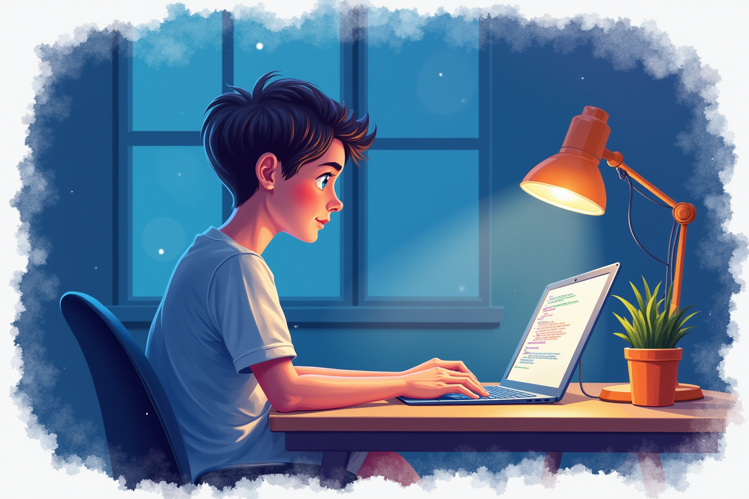 Student debugging code on laptop late at night with desk lamp