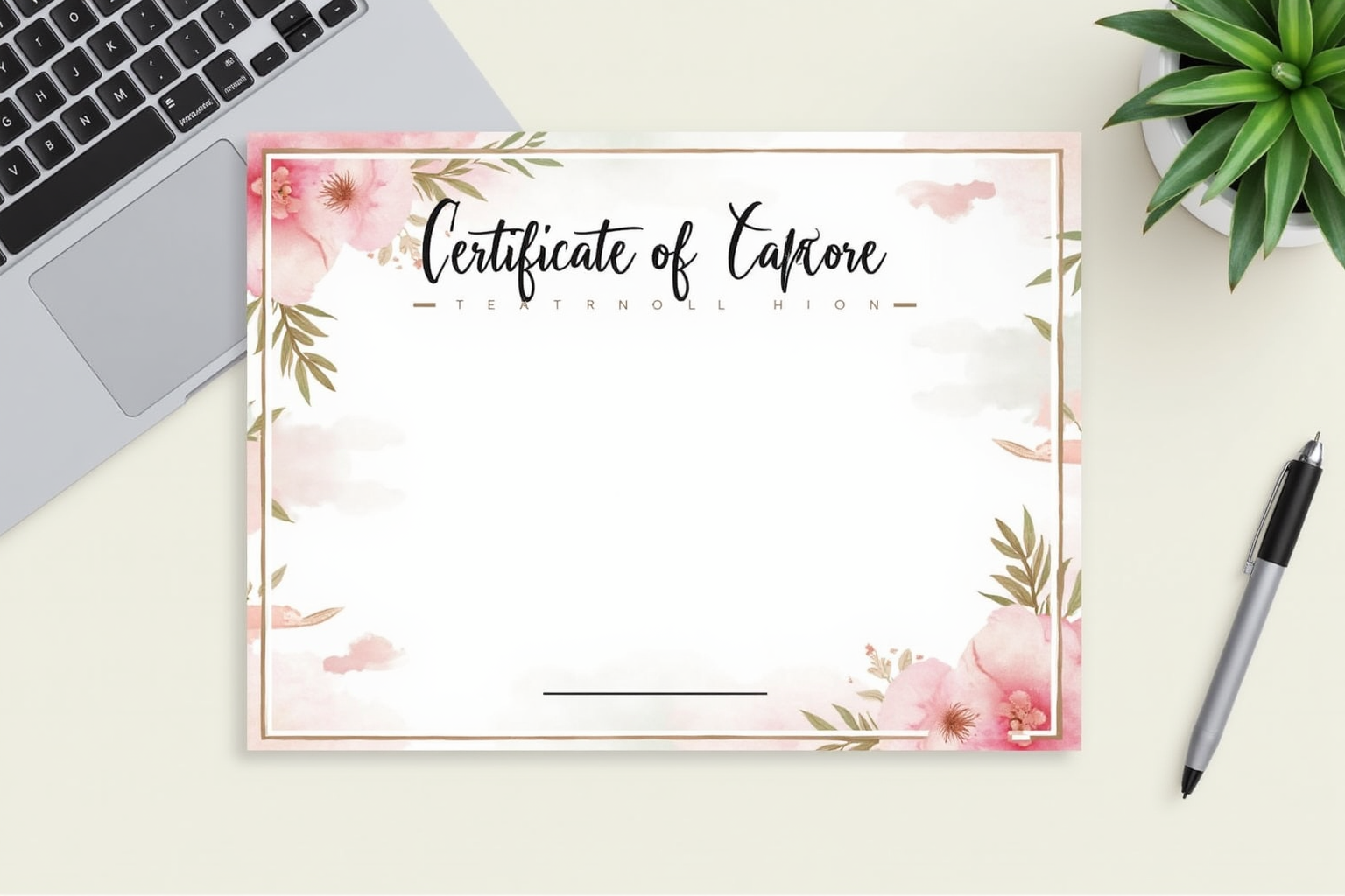 Certificate of completion displayed on desk beside laptop