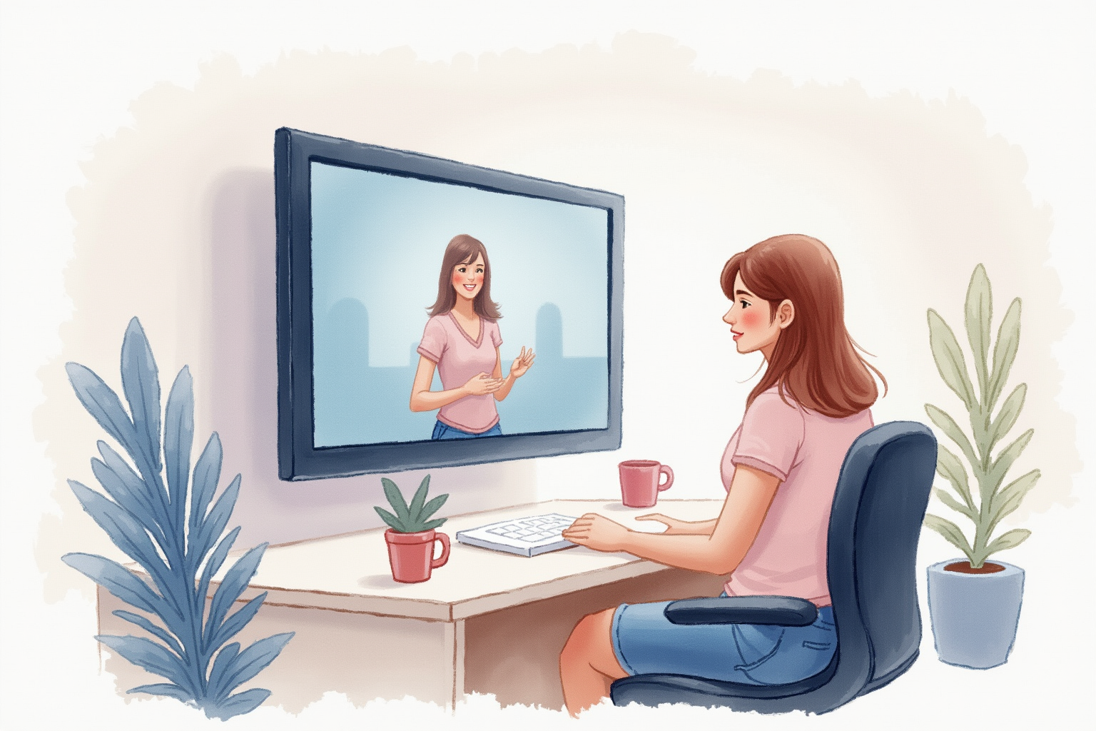 Student viewing university lecture video on large monitor