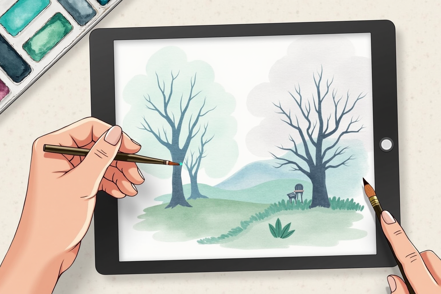 Artist painting following online tutorial on iPad