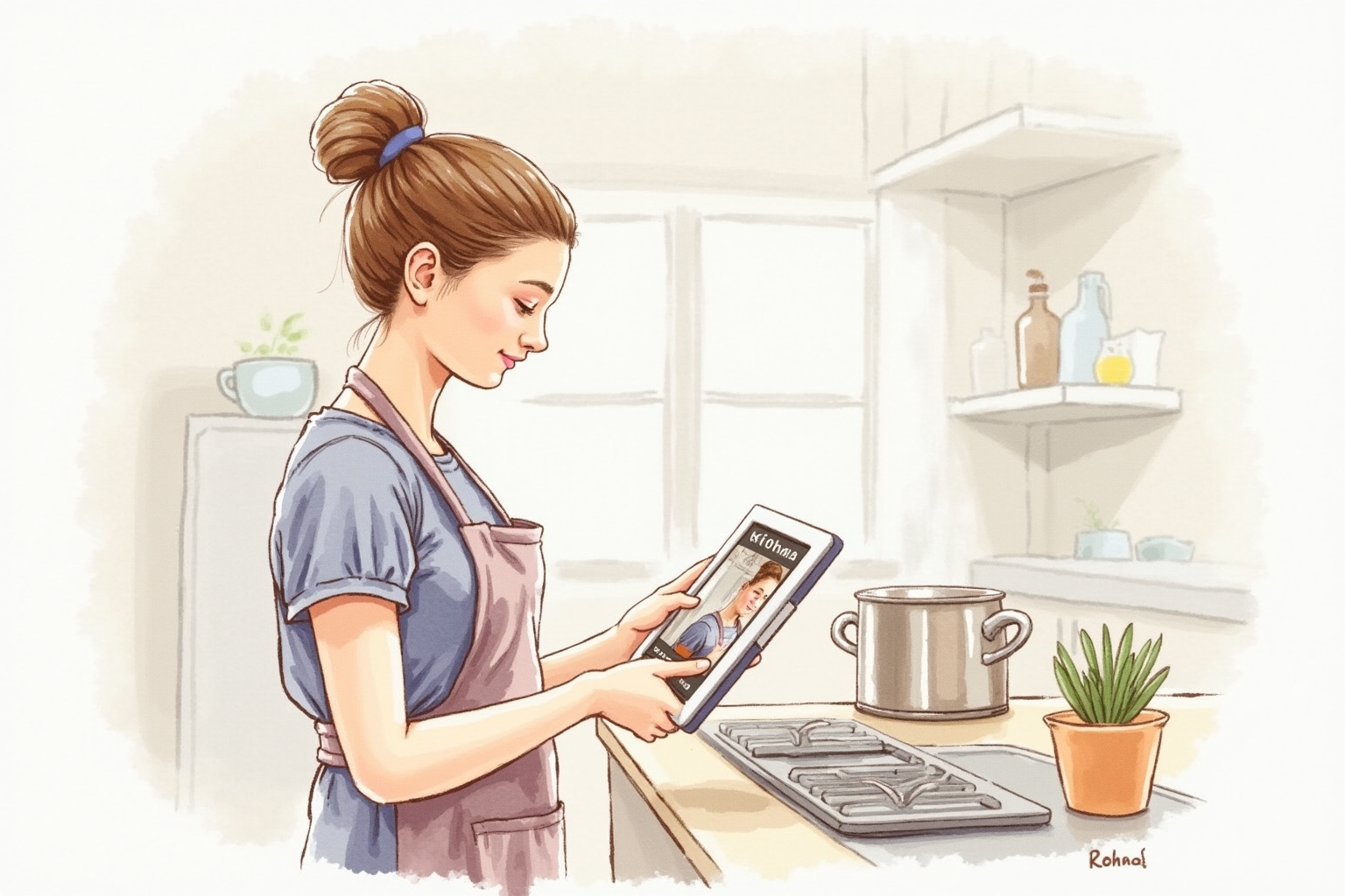 Student learning cooking technique by watching video on kitchen tablet