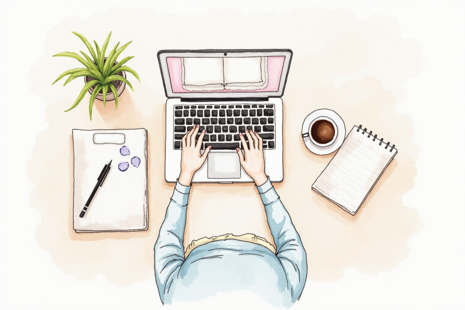 Person practicing creative writing with laptop notebook and coffee