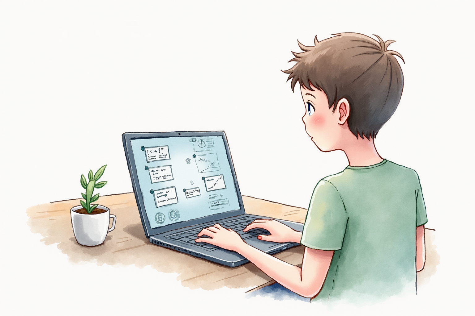 Person watching coding tutorial on laptop with algorithm sketches