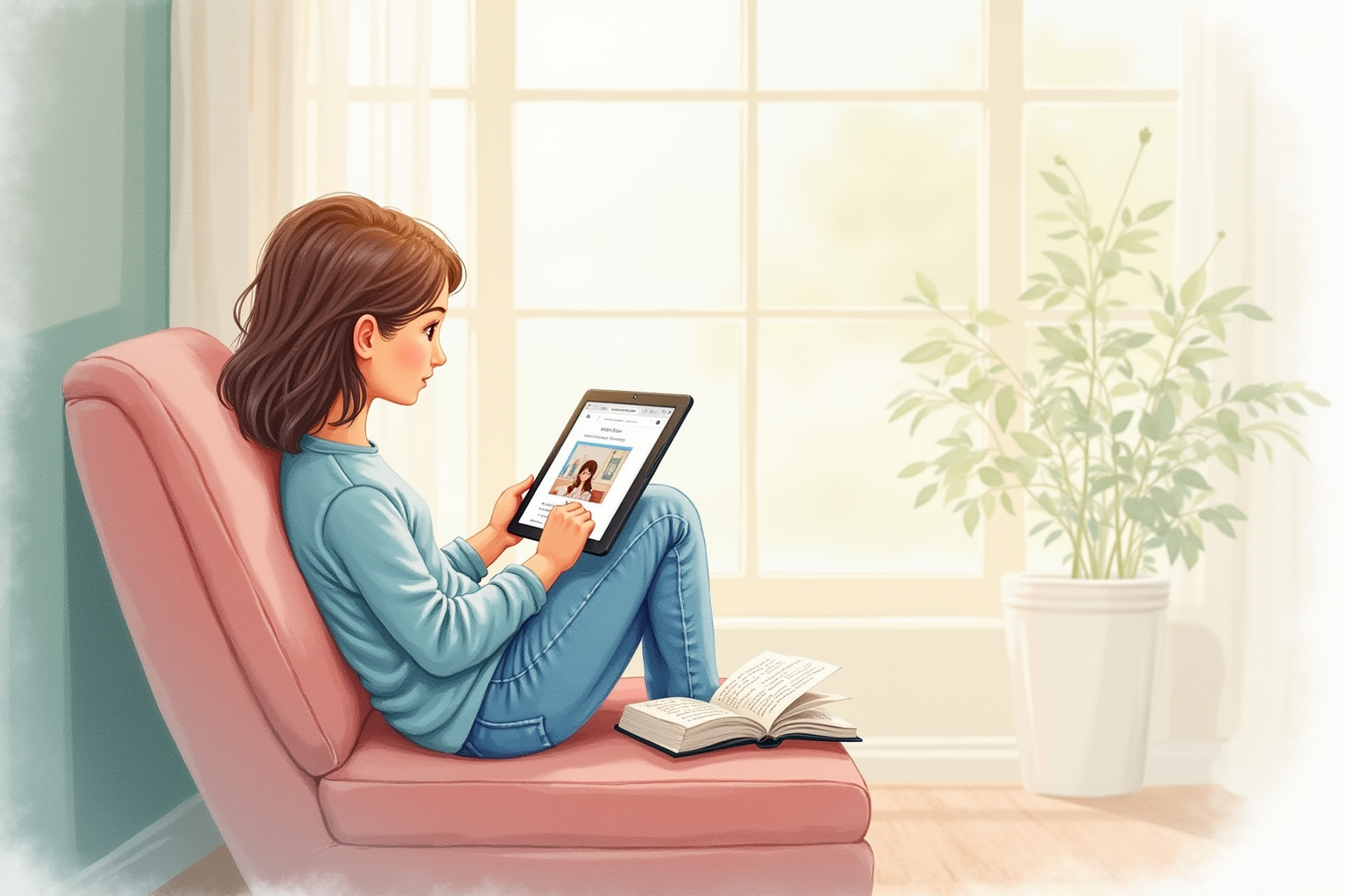 Language learner watching tutorial channel on tablet