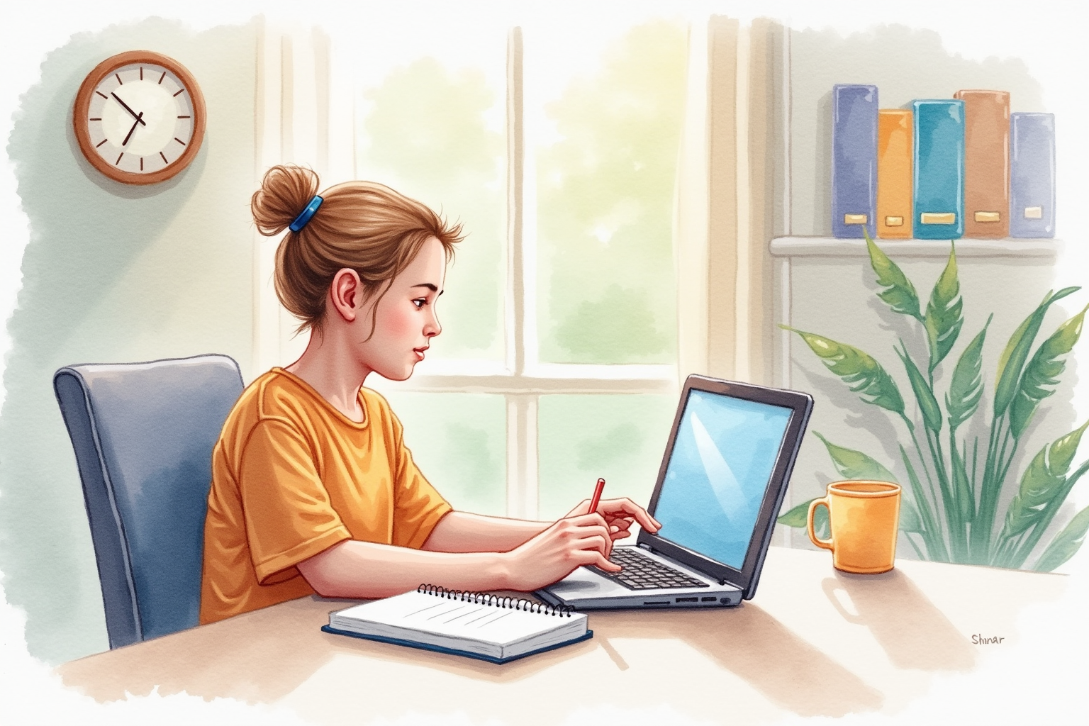 Student taking notes while watching free educational video in library