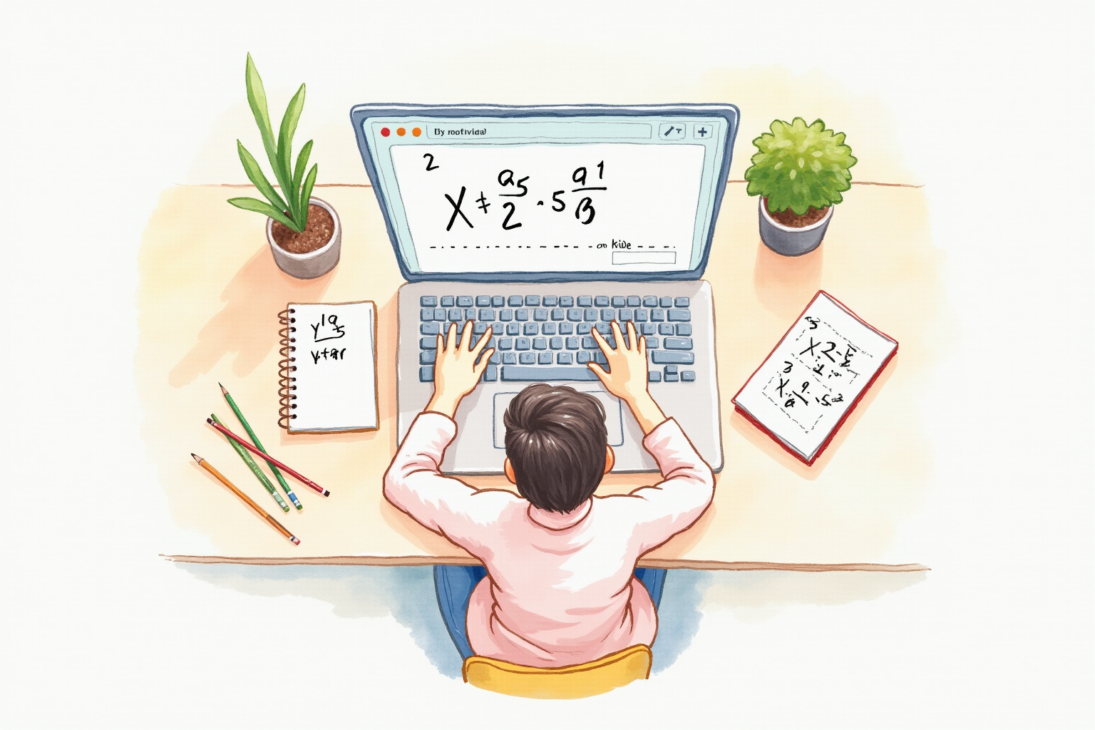 Person learning math from online video tutorial with notes