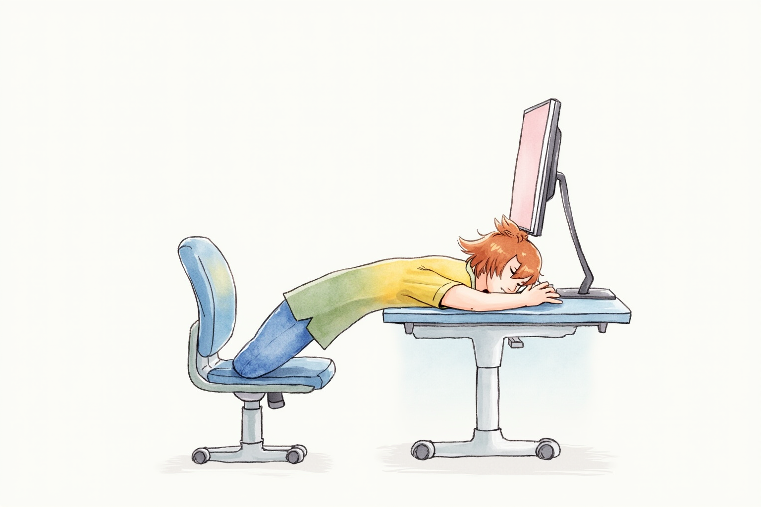 Person stretching beside ergonomic study setup during break