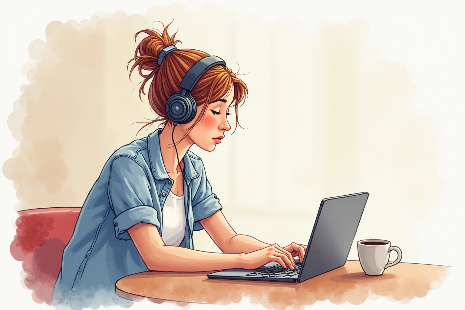 Student in coffee shop with headphones focused on laptop