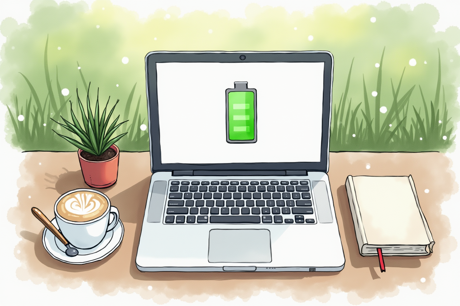 Laptop showing battery indicator in outdoor study setting