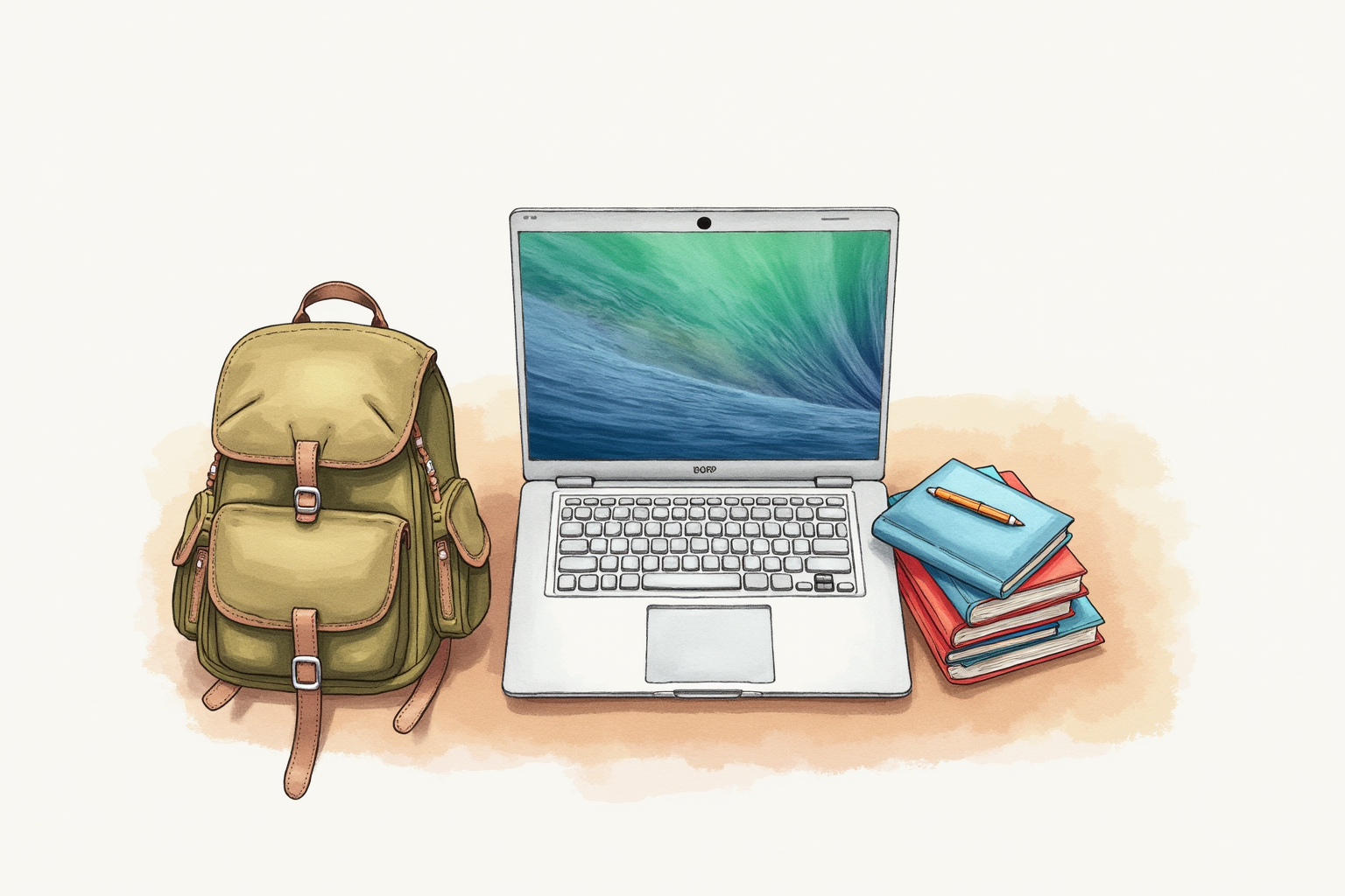 Chromebook laptop with student backpack and books