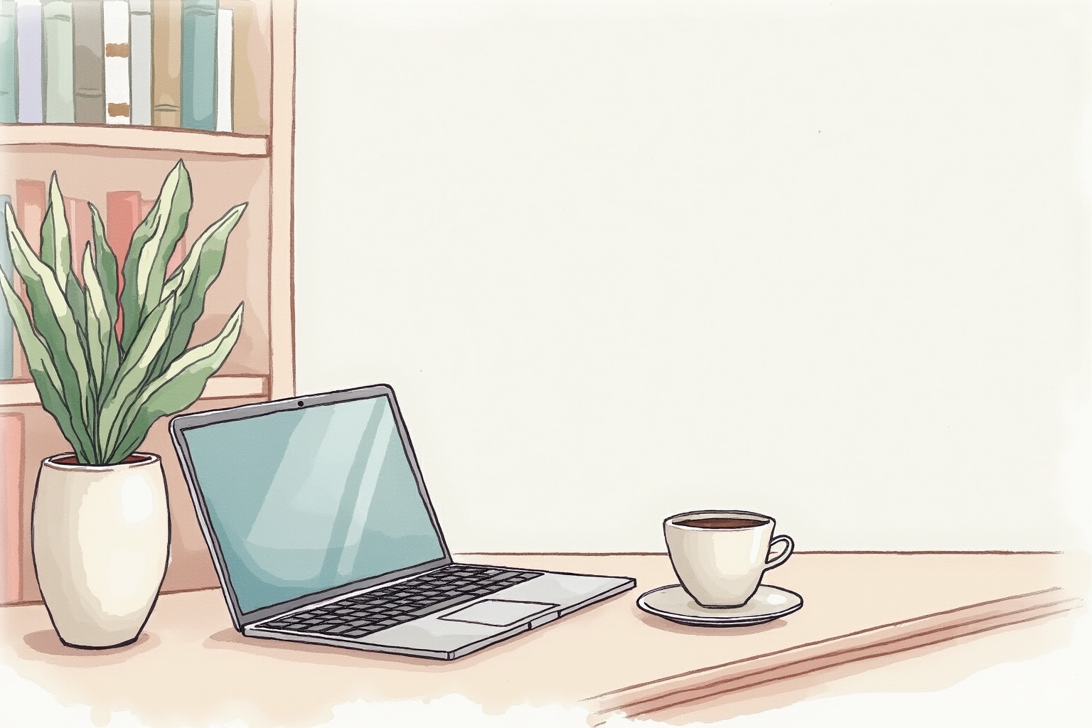 MacBook on table beside coffee in modern library