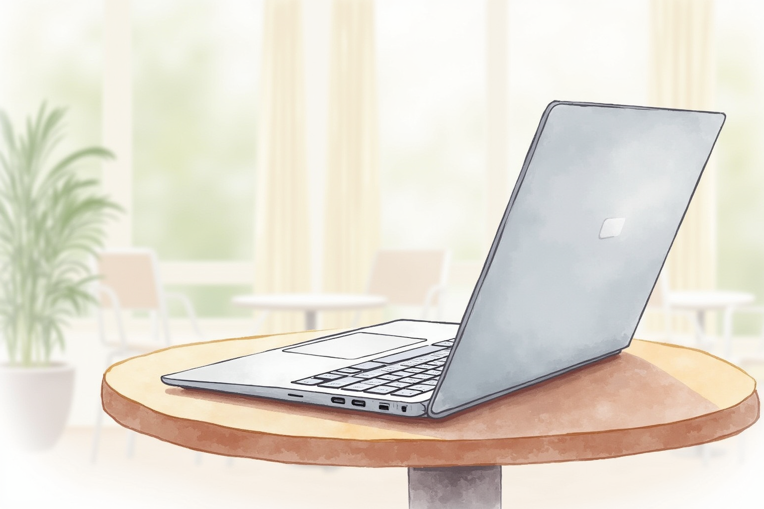 Lightweight ultrabook laptop with thin design on coffee shop table