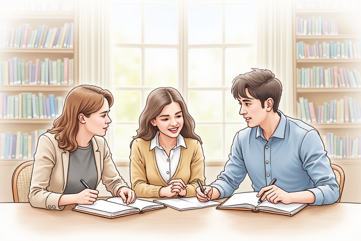 Study group reviewing material together in library