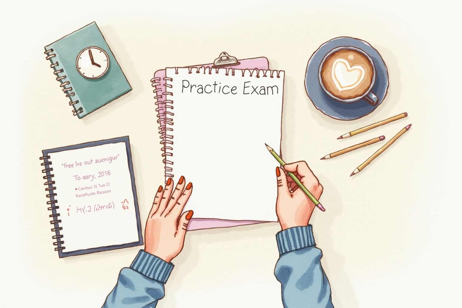 Student doing practice exam with timer and notebook