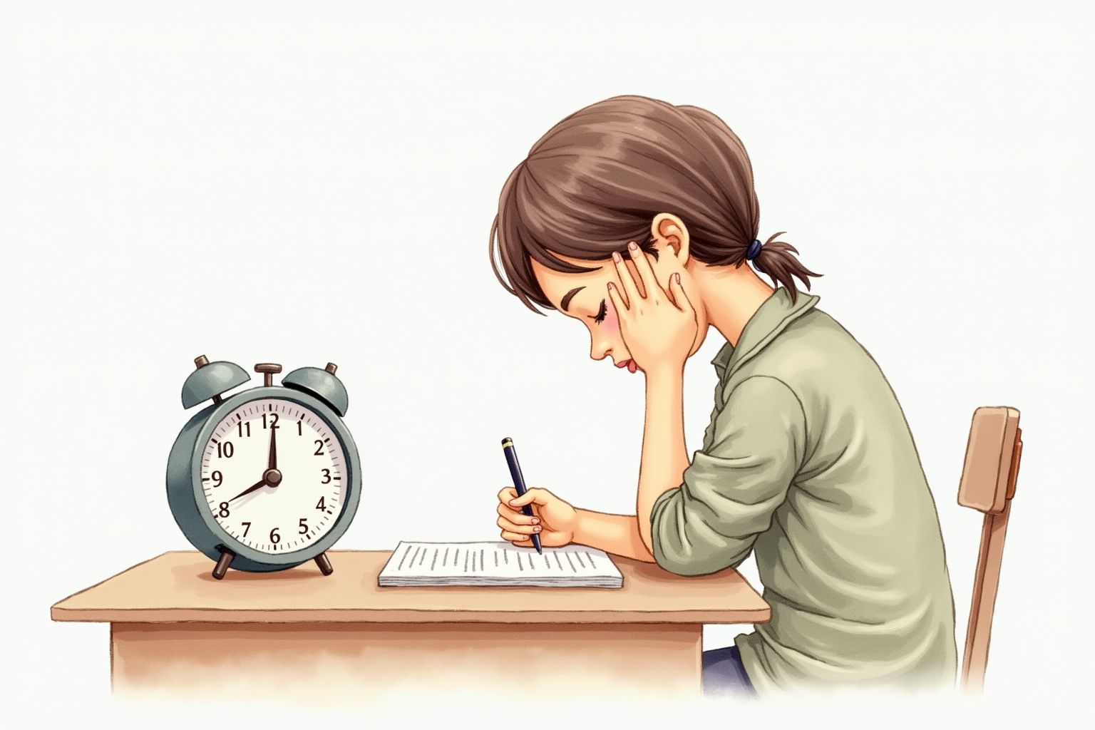 Student deeply focused at desk during timed study session