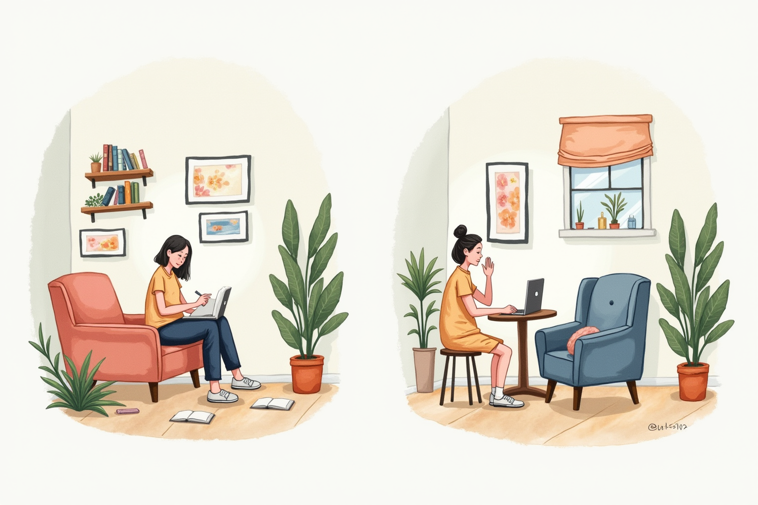 Student studying in different locations switching between library cafe and home