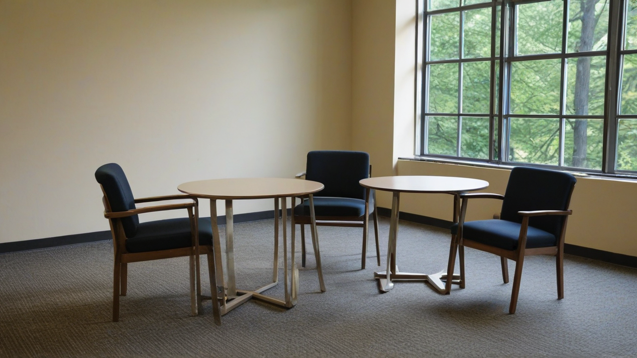 An empty campus meeting area represents an advisor conversation