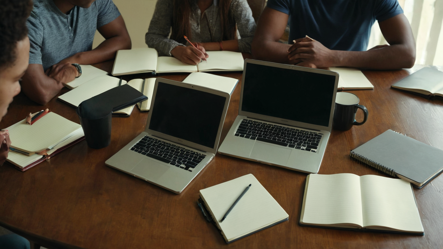 Study group with blank screens