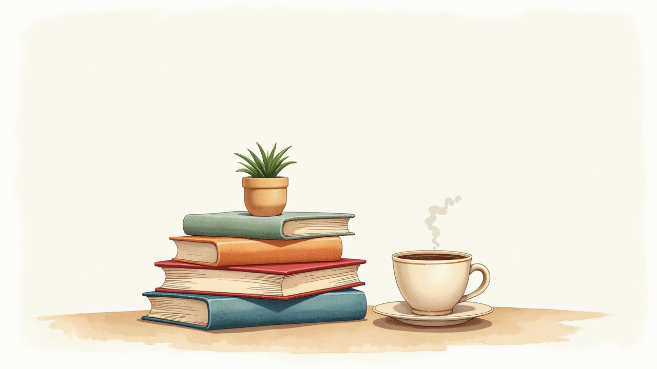 Watercolor illustration of stacked books and notebooks with coffee cup and small plant