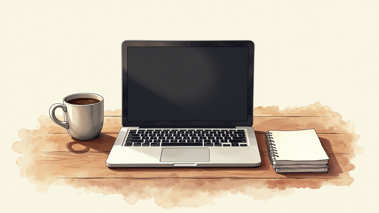 Watercolor illustration of a laptop with blank screen on a wooden desk beside a coffee cup and notebook — the universal coding setup