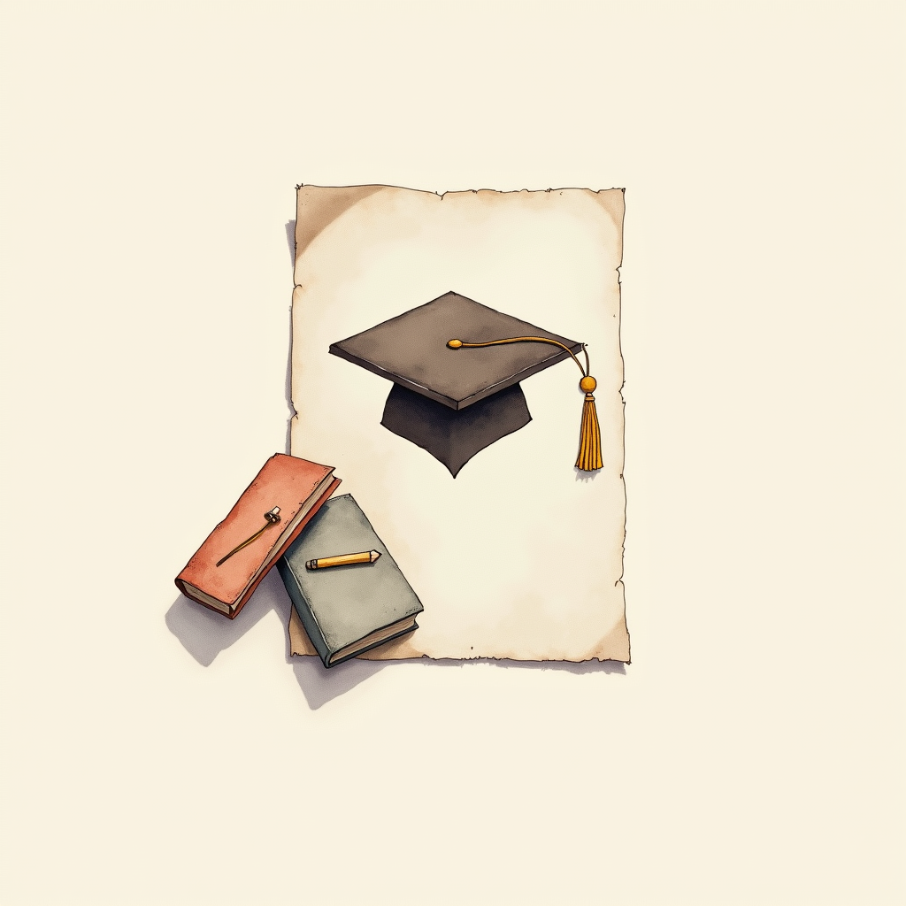 Watercolor illustration of an abstract graduation cap on cream paper beside books, top-down still life, no text, soft earth tones