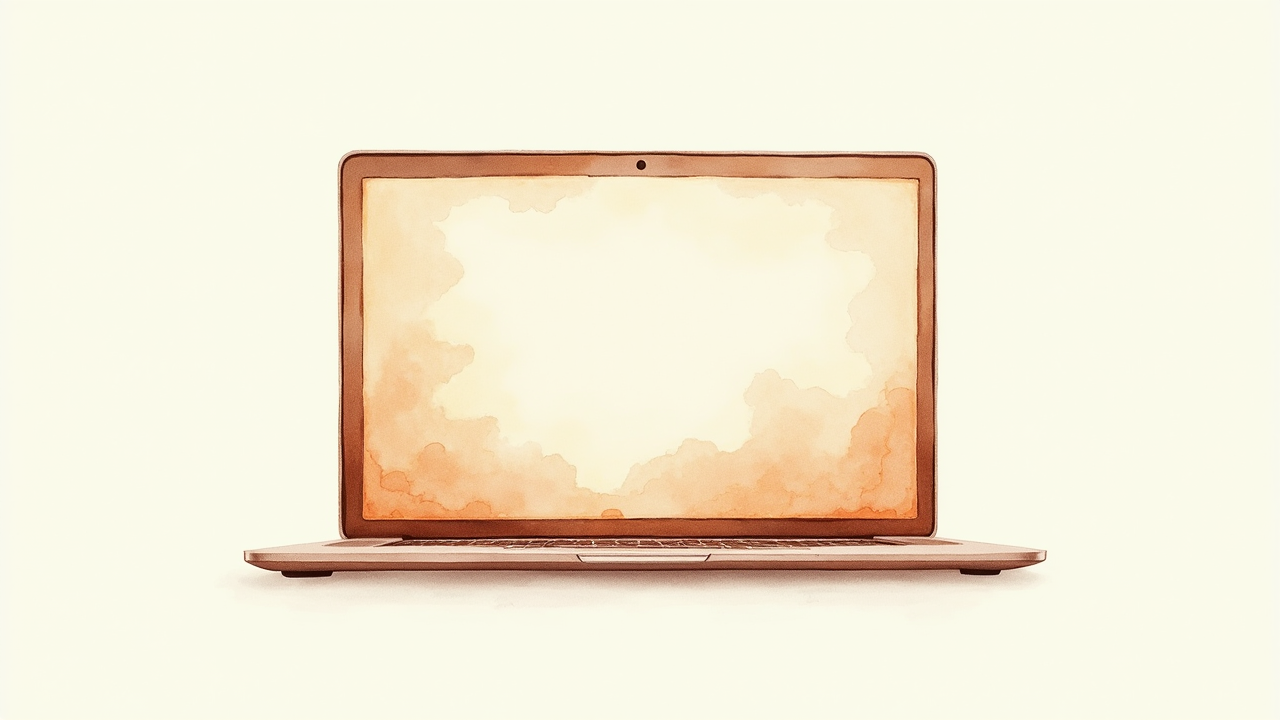 Watercolor illustration of an abstract laptop displaying course content on cream paper, top-down still life, no readable text, soft earth tones