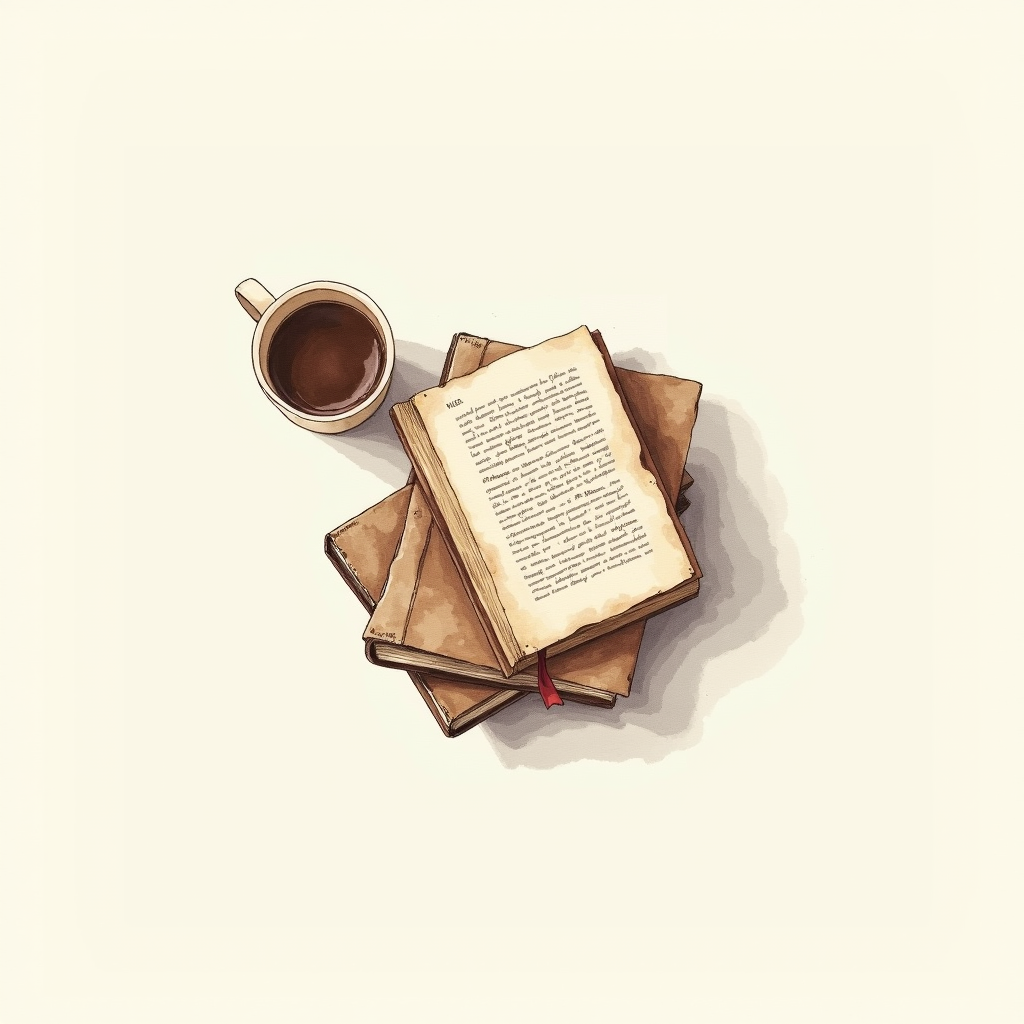 Watercolor illustration of an abstract stack of books and a coffee cup on cream paper, top-down still life, no text, soft earth tones