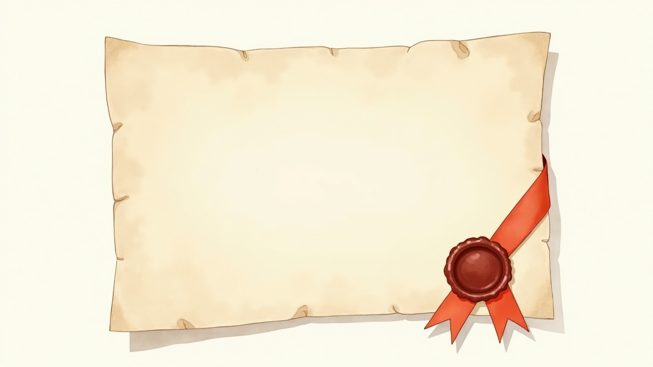 Watercolor illustration of an abstract certificate or diploma shape on cream paper, top-down still life, no readable text, soft earth tones