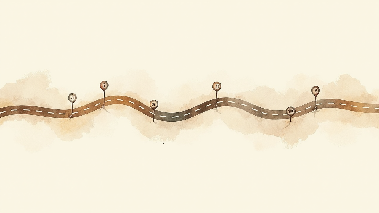 Watercolor illustration of an abstract roadmap with milestones on cream paper, top-down still life, no text, soft earth tones