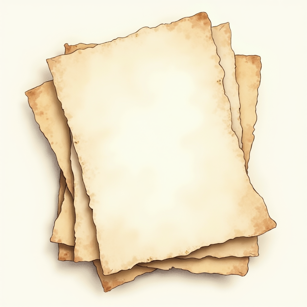 Watercolor illustration of an abstract stack of certificates on cream paper, top-down still life, no text, soft earth tones
