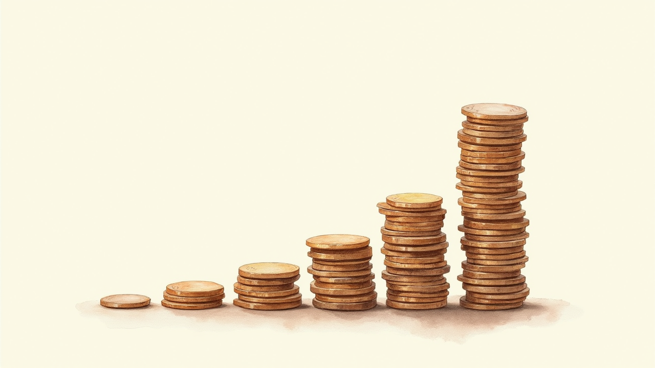 Watercolor illustration of an abstract stack of coins growing taller on cream paper, top-down still life, no readable text, soft earth tones