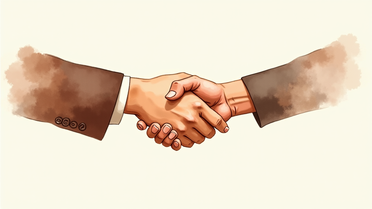 Watercolor illustration of an abstract handshake silhouette on cream paper, top-down still life, no readable text, soft earth tones