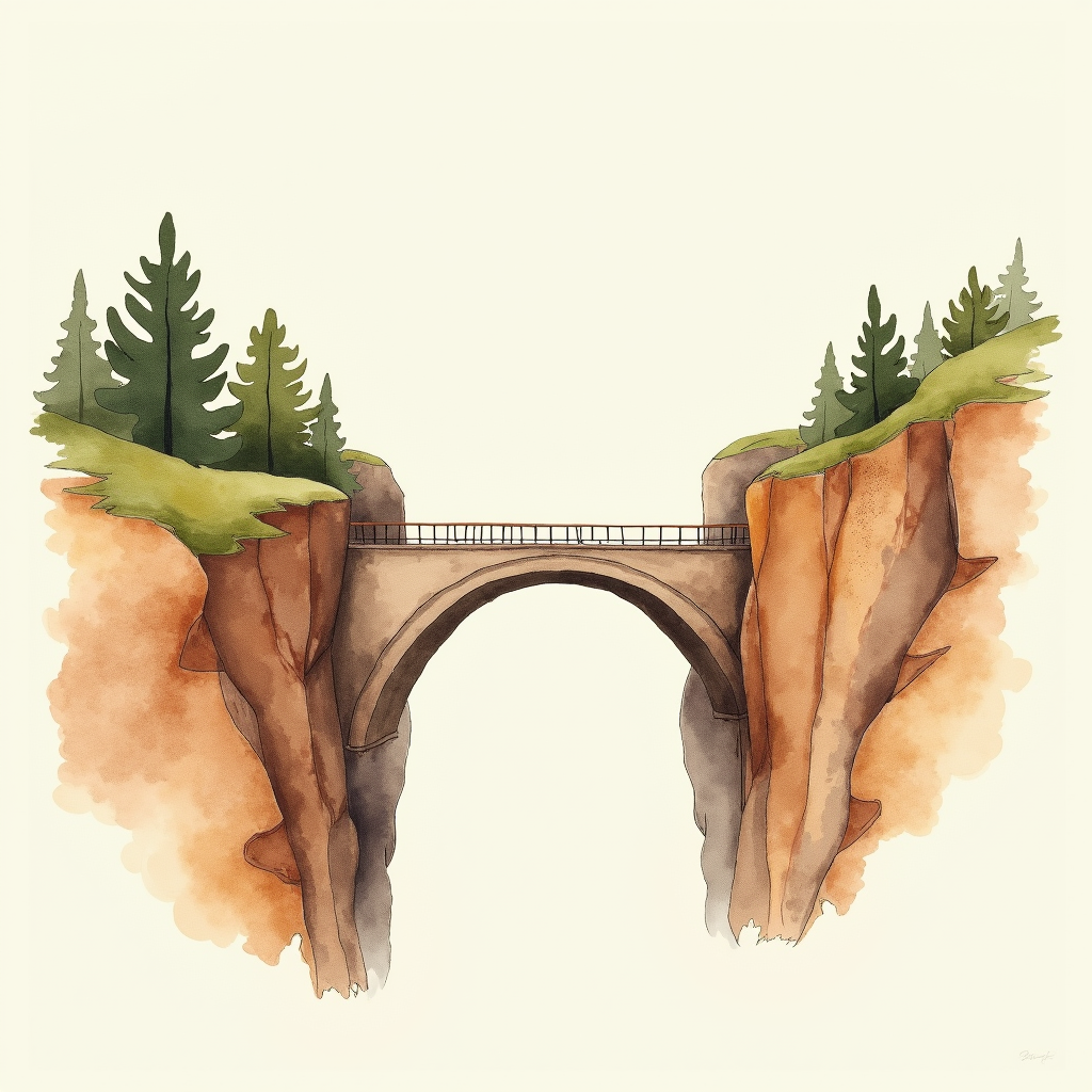 Watercolor illustration of an abstract bridge between two cliffs on cream paper, top-down still life, no readable text, soft earth tones