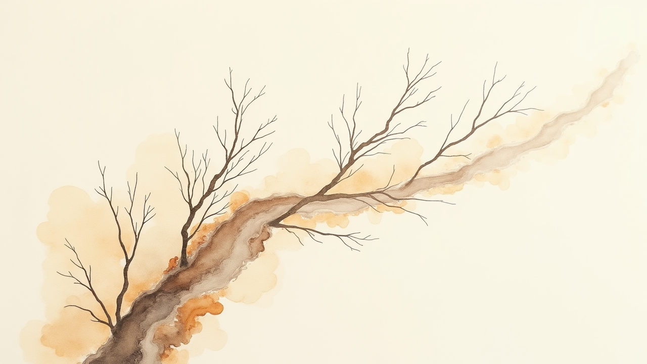 Watercolor illustration of an abstract path with multiple branches on cream paper, top-down still life, no text, soft earth tones