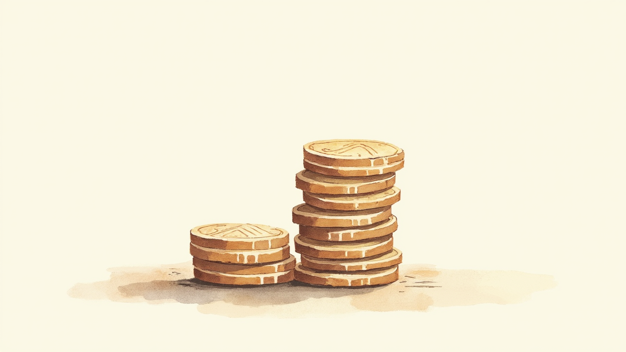 Watercolor illustration of abstract stacked coins growing in increments on cream paper, top-down still life, no readable text, soft earth tones