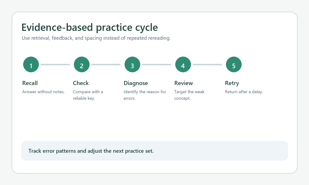 Evidence-based practice cycle using recall, feedback, diagnosis, review, and delayed retry