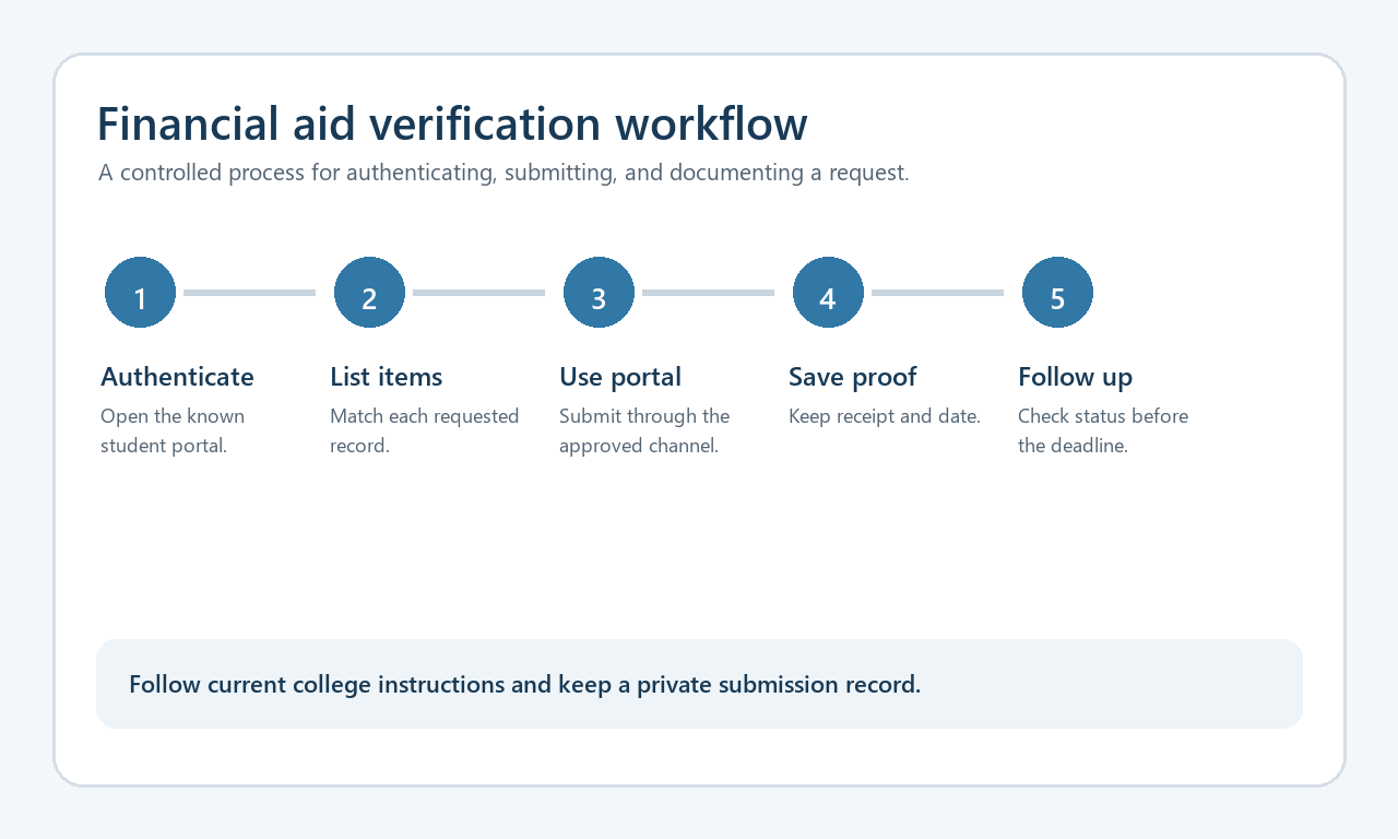 Financial aid verification workflow with five secure submission checkpoints